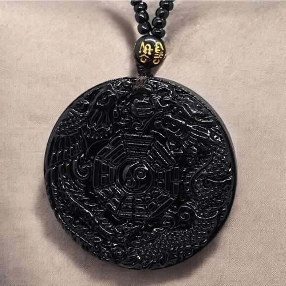 Unique Glass Black Obsidian Dragon and Phoenix Pendant Necklace Good Luck Charm - Picture 6 of 7